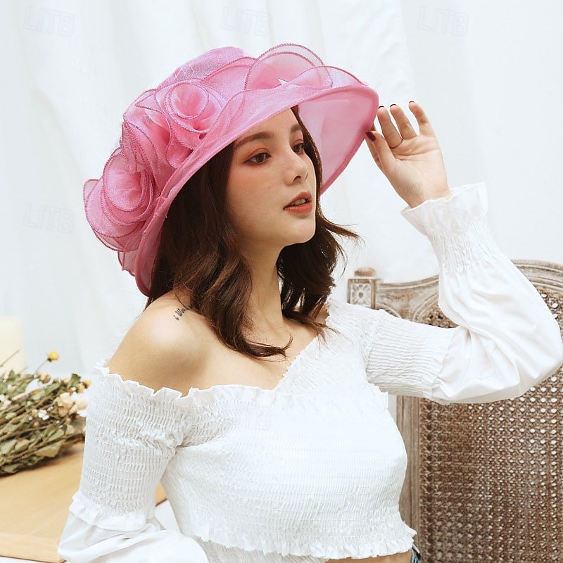 Chapeau de soleil à large bord en organza pour femme, chapeau de style Derby, pour mariage, thé, église de 2025 ? $7.99 –P10