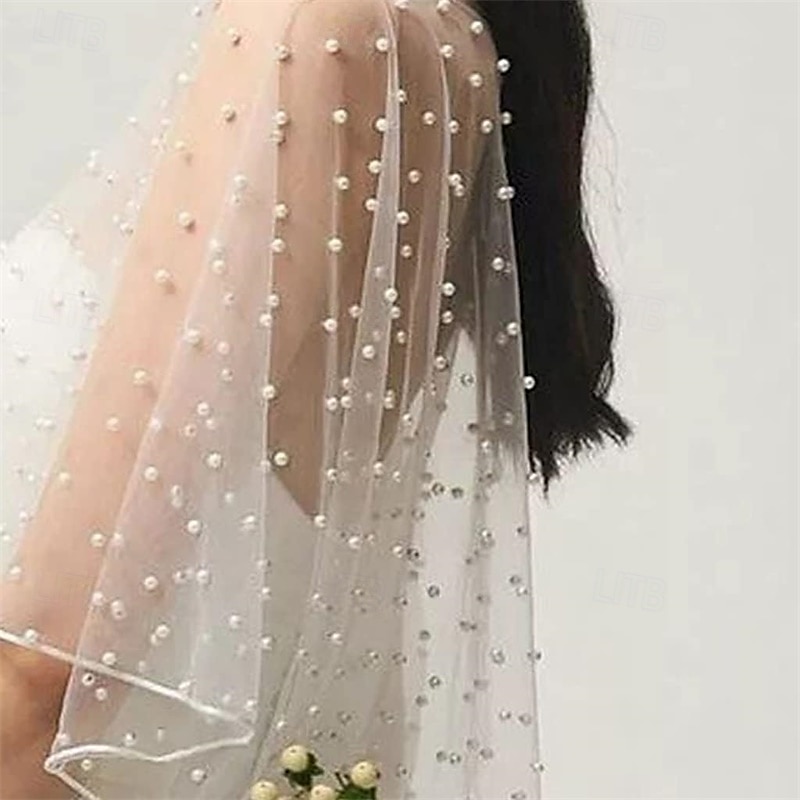 Accesorios de boda, bolero, capa de novia, perlas, capa de boda, parte delantera corta, parte trasera larga, capa envolvente para mujer, chal de noche, blanco 2025 - $28.99 –P6