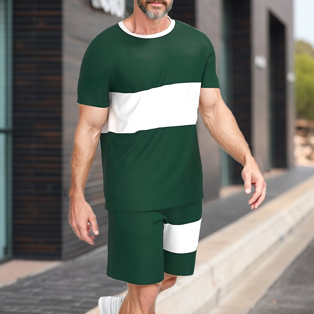 Men's Horizontal Stripes 2pcs Tees sets Summer Tops Short Sleeve Short Pants Crew Neck Sport Casual Outdoor Vacation Sport 3D Print Summer Green 2025 - $25.99 –P1