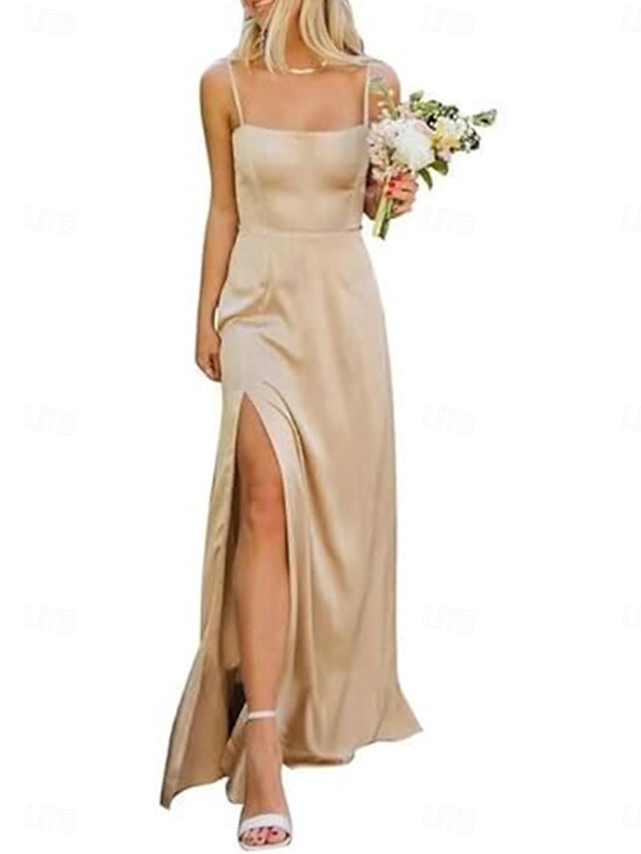 Linha A Vestido de Madrinha Com Alças Finas Sem Manga Elegante Longo Fibra Sintética com Fenda Frontal 2022 de 2025 por $137.99 –P1