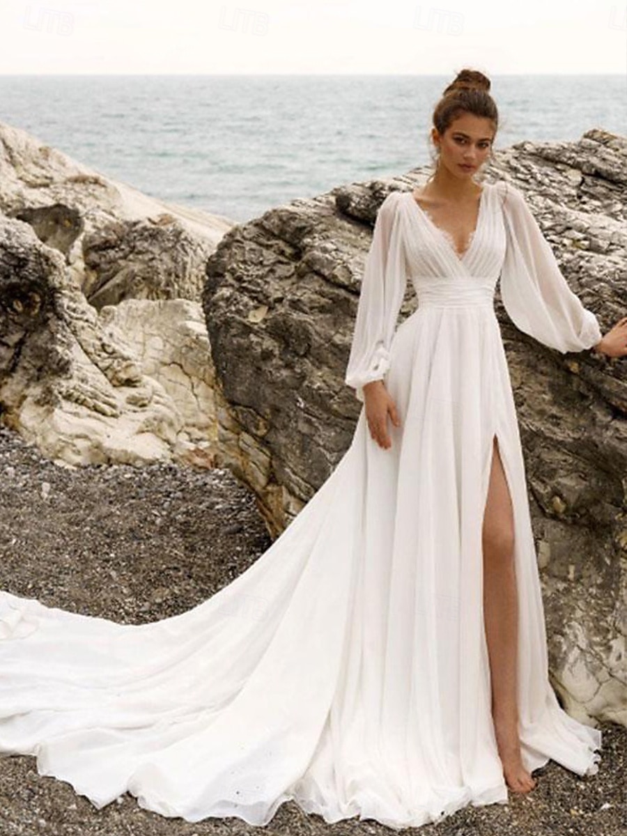Abiti da sposa Linea-A A V Cinghie Regolari Strascico da cappella Tulle Abiti da sposa Con A pieghe Con ruche 2025 del 2025 a $180.99 –P6