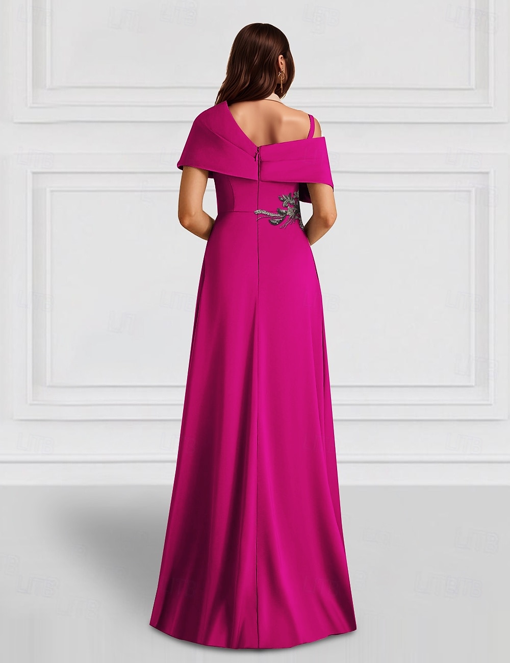 Robe de soirée A-Line élégante robe de mariage invitée de soirée longueur de sol sans manches épaule unique poche satin avec châle de 2025 ? $164.99 –P2