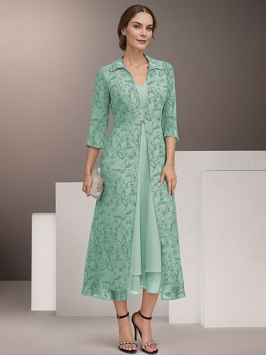 Two Piece Mother of the Bride Dress Elegant Vintage Shirt Collar Tea Length Chiffon 3/4 Length Sleeve Floral Lace Jacket Dresses 2025 2025 - $199.99 –P5