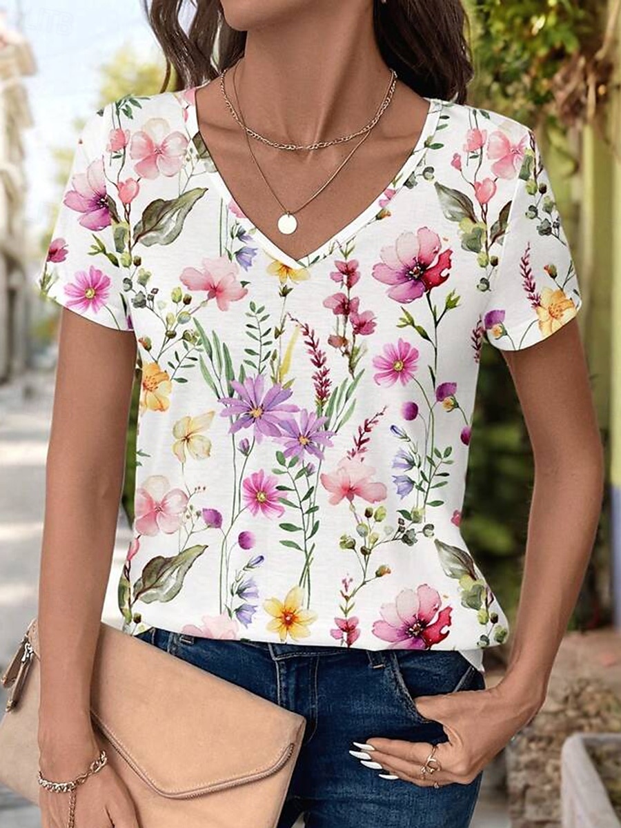 Dame T skjorte Blomstret Stilfull Fritid Kortermet V-hals Vanlige topper Daglig Trykt mønster Hvit Sommer 2025 - $19.99 –P1