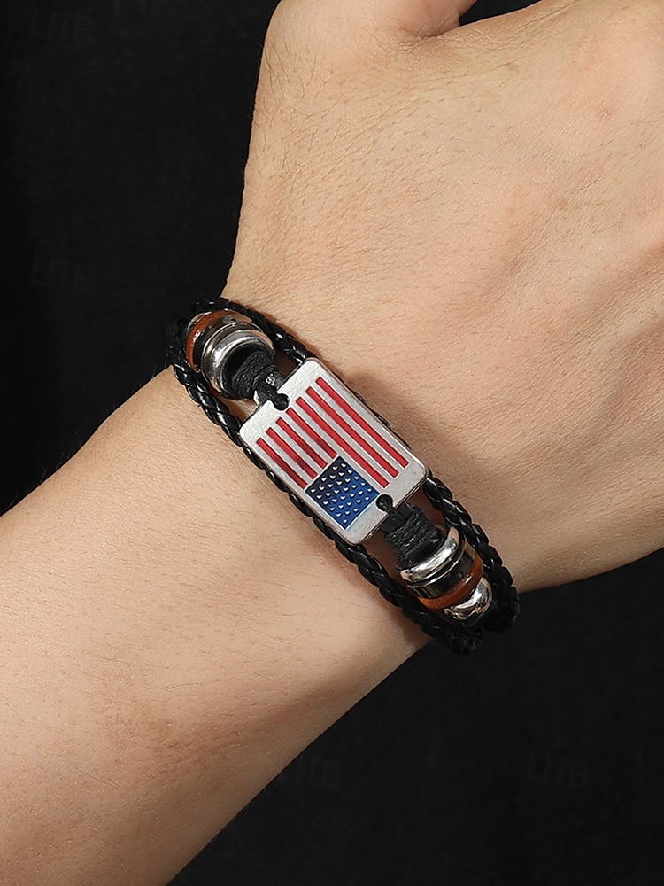 Amerikansk flaggarmband i läder för män – snyggt flätat band med metall- och trädetaljer för vardagliga och patriotiska tillfällen 2025 - $7.99 –P3