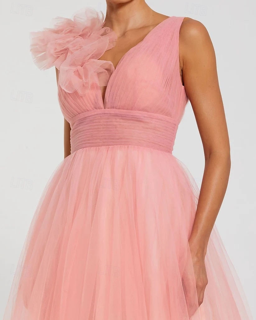 Pink Ball Gown A-Line Prom Dresses Elegant Dress Formal Wedding Floor Length Sleeveless V Neck Tulle with Shouder Flower 2025 2025 - $170.99 –P3
