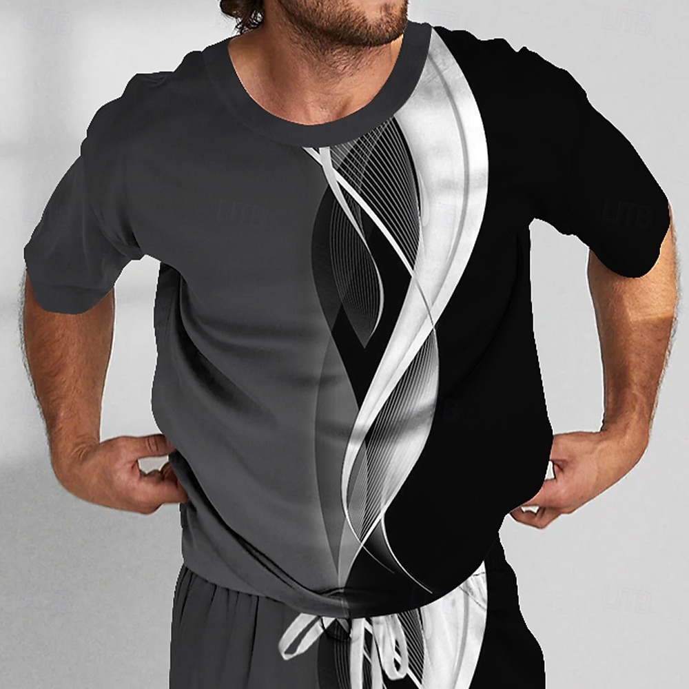 Men's Geometic Line 2pcs Tees sets Summer Tops Short Sleeve Short Pants Crew Neck Sport Casual Outdoor Vacation Sport 3D Print Summer Robin's Egg Blue White ash-colored 2026 - $26.99 –P4
