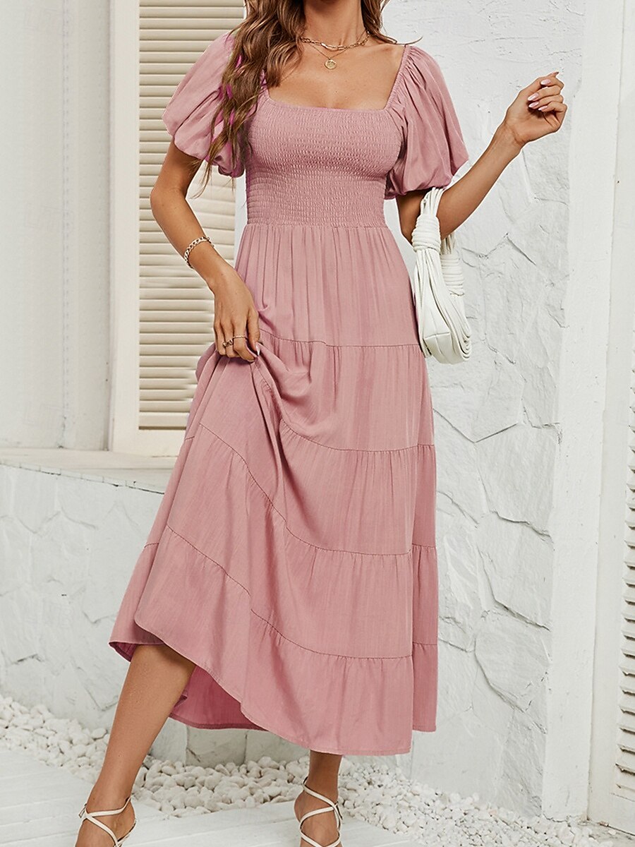 Abito Midi Femminile Abito A Linea Abito a Colore Unito Abito da Latte Abito Off The Shoulder Abito Manica Puff Vacanza Vacanza Fit Regolare Semplice Senza Maniche Collo a V Nero Verde Chiaro Rosa del 2025 a $34.99 –P7