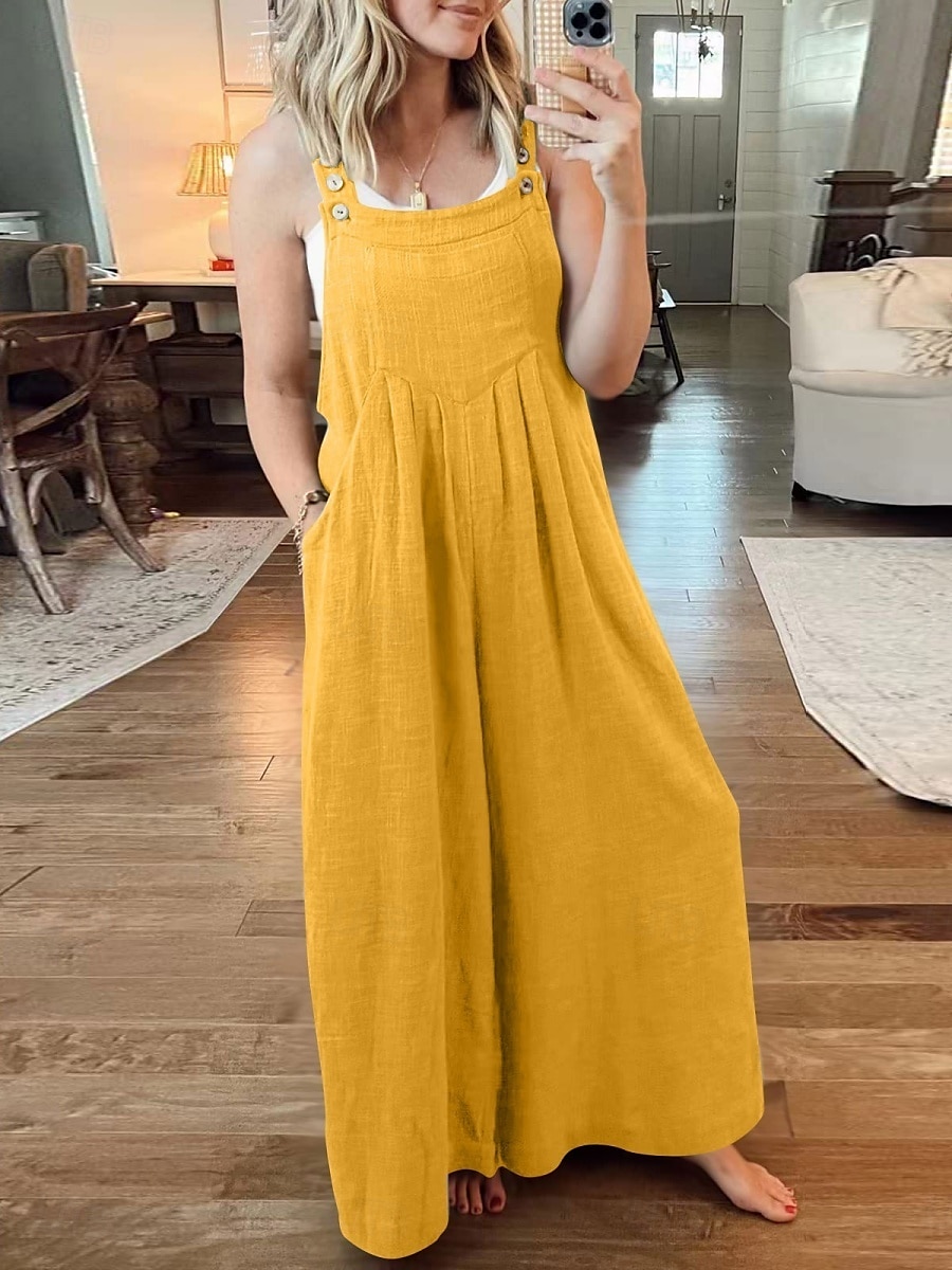 Femme Normal Salopette Actif Couleur unie Sans Manches Col Rond Boutons Poche Vacances du quotidien Standard Jaune Vin Abricot Eté de 2025 ? $26.99 –P5