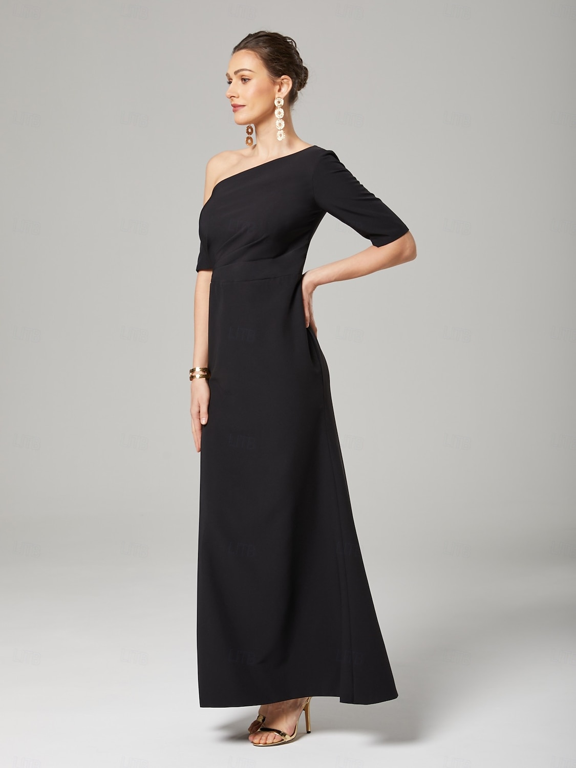 A-Linie Kleid der Brautmutter Elegantes Vintage Eine Schulter Bodenlanger Charmeuse 3/4 Länge Ärmel mit Rüschen Seitendrapierung 2025 - $159.99 –P5