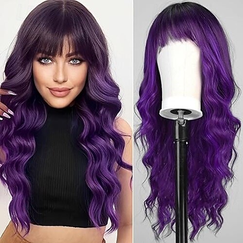 perucas com franja peruca longa ondulada para mulheres, peruca longa e cacheada de cabelo sintético para uso diário em festas de 2025 por $28.99 –P3