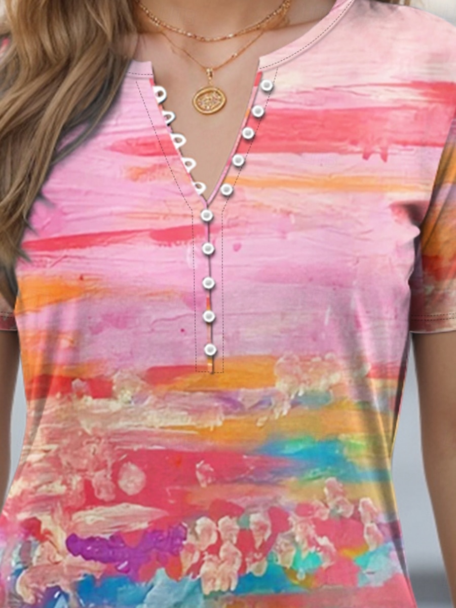 Women's T Shirt Ombre Floral Basic Short Sleeve Round Neck Regular Tops Daily Buttons Print Pink Summer Spring Fall 2025 - $27.99 –P2