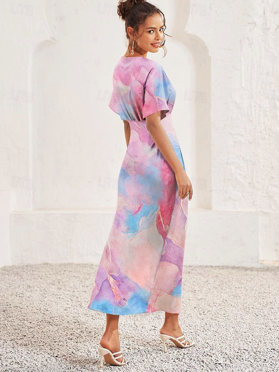 Dame Midikjole Tubekjole Elegant Utvidet erme Feriereise Avslappet Stevnemøte Normal Nyanse Kortermet V-hals Rosa Sommer 2025 - $43.99 –P2