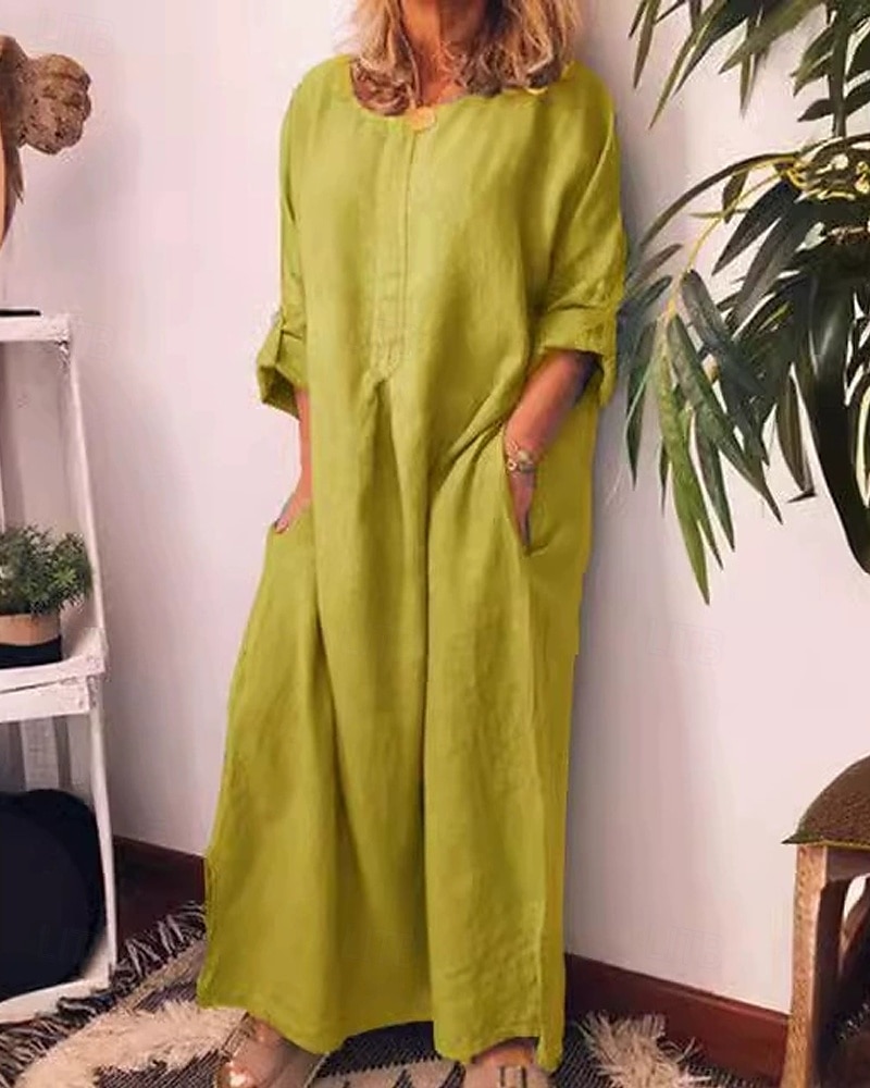 Femmes Robe Longue Maxi Robe Robes inspirées du lin Robe Décontractée Robe en coton et lin Élégant Occasionnel Vacances Quotidien Date Coupe régulière Uni manche longue Col ras du cou Blanche Jaune de 2025 ? $26.99 –P3