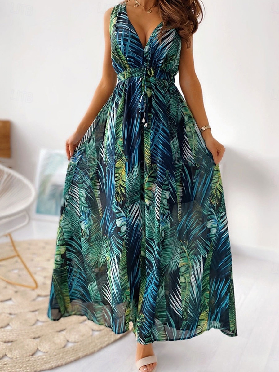 Per donna Vestito maxi Abito casual Moda Informale Da mare Informale Giornaliero Standard Pop art Senza maniche A V Nero Bianco Blu Verde Estate Primavera del 2025 a $27.99 –P17