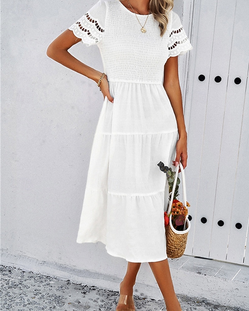Pentru femei Rochii Midi Rochie albă Rochie de dantela Rochie casual Rochie de vară Modă În aer liber Concediu Dată Fit regulat Simplu Manșon scurt Stil Nautic Negru Alb Trifoi Vară Primăvară 2025 - $31.99 –P3