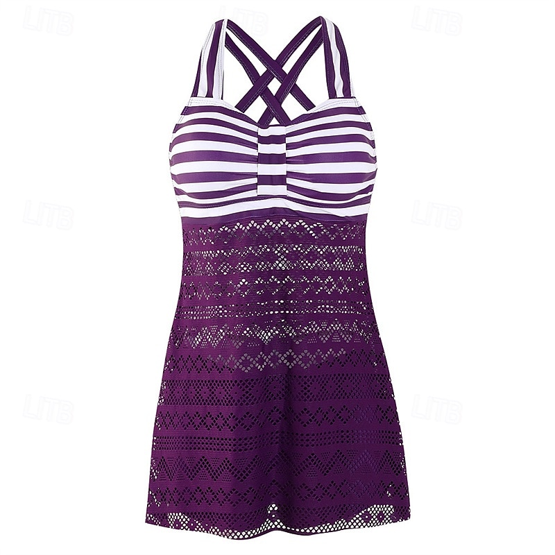 Dam Tankini Tvådelad baddräkt Spets Badkläder Rand Badkläder Svart Purpur Andningsfunktion Snabb tork Lättvikt Ärmlös - Simmning Surfing Strand Sommar Vår Plusstorlekar 2025 - $26.99 –P9