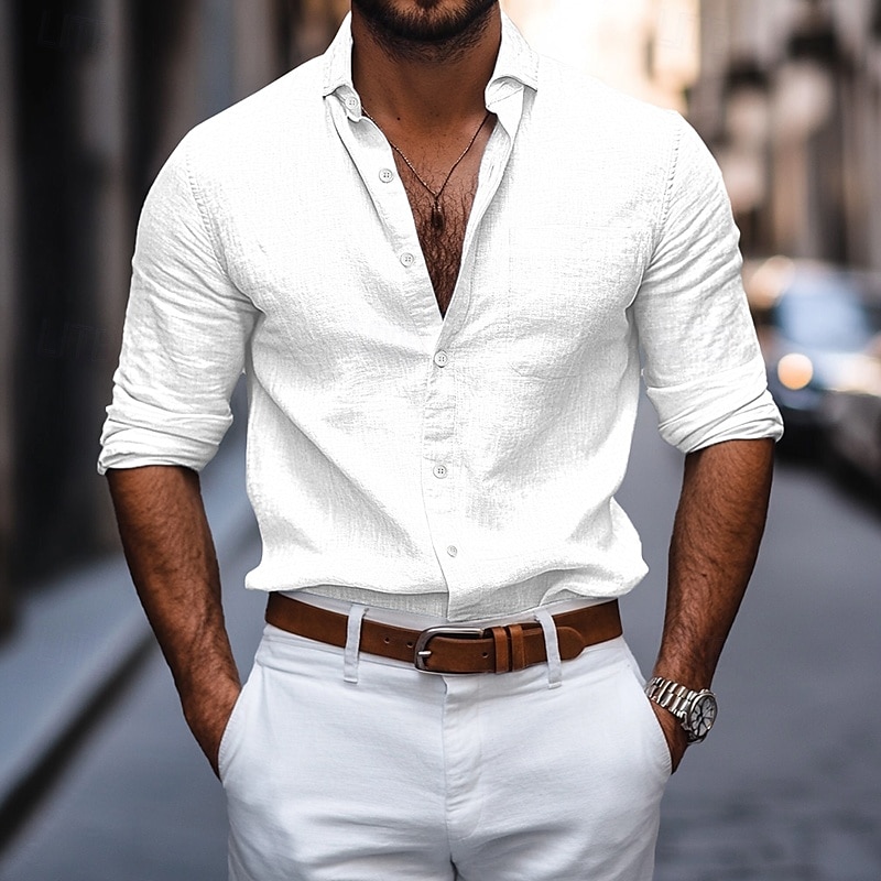Homens Camisa Social camisa de linho camisa de verão camisa de botão Tecido Rua Casual Branco Cinzento Azul Claro Manga Longa Colarinho Primavera Verão Roupa de 2026 por $26.99 –P6