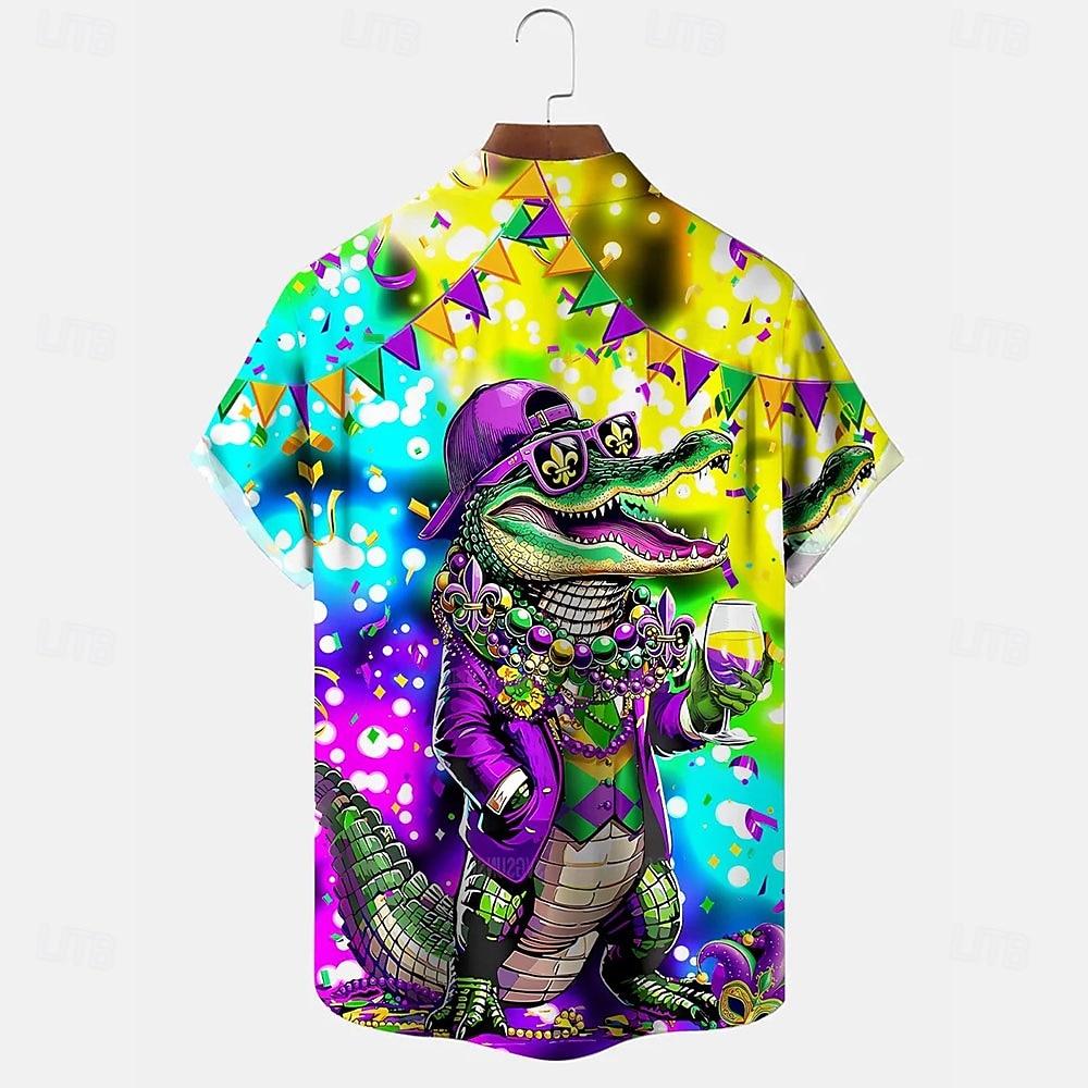 Mardi Gras Men's Crocodile Carnival Shirt Button Up Shirt Short Sleeve Fashion Casual Vacation Gift Holiday Summer Spring Turndown Collared Shirts Front One Pocket Yellow 2026 - $25.99 –P3