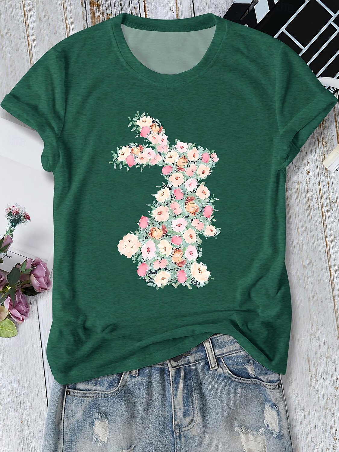 Semana Santa Mujer Camiseta Floral Animal Elegante Casual Manga Corta Escote en Pico Tops regulares Diario Estampado Rosa Azul Marino Azul Piscina Verde Oscuro Verano Primavera 2025 - $19.99 –P6