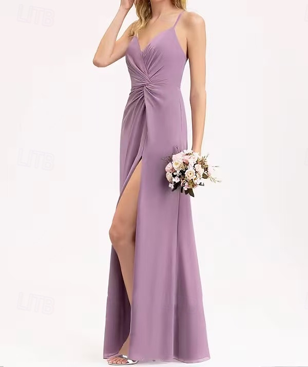 Vestido de Dama de Honra A-Line V Decote  Alças de Espaguete Sem Mangas Elegante Comprimento Longo Chiffon  Spandex  Shantung com Draping  Ruching  Bandagem de 2025 por $162.99 –P2