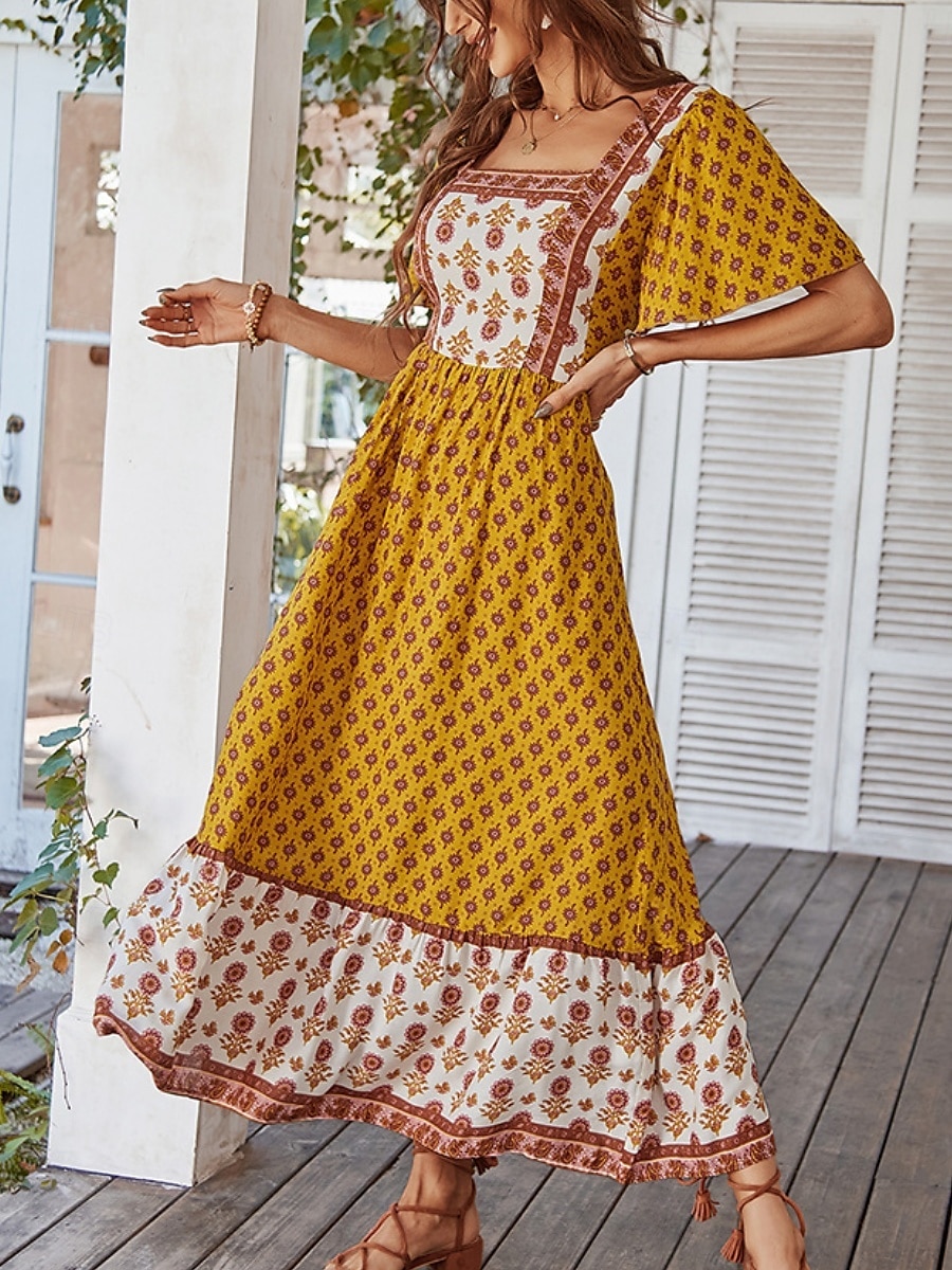 Damskie Sukienka maxi Codzienne sukienki Sukienka rozkloszowana Sukienka A line Elegancki Codzienny Urlop Codzienny Regularny Kwiaty Krótki rękaw Kwadratowy dekolt Żółty Rumiany róż Pomarańczowy 2025 - $33.99 –P8