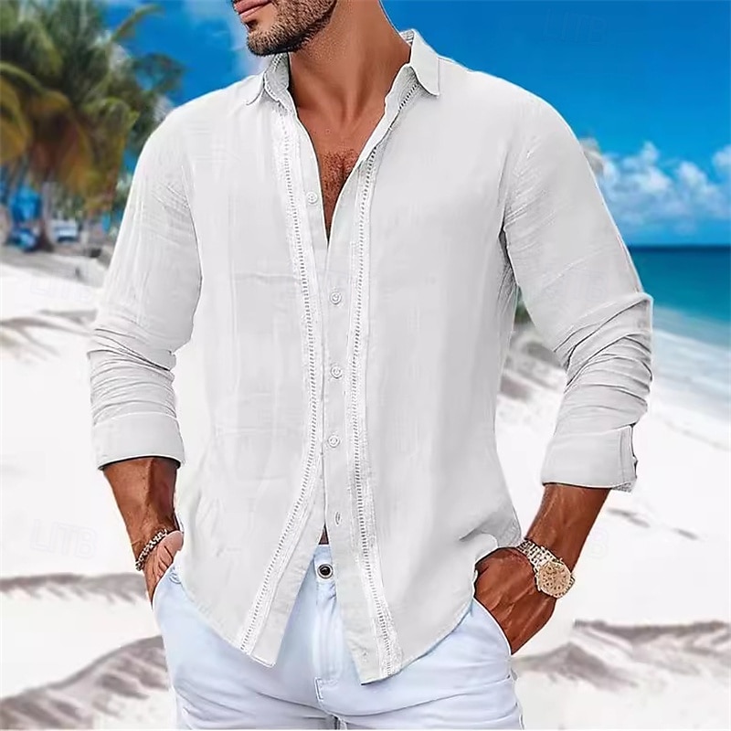 Per uomo Camicia camicia di lino Maglietta informale Camicia con bottoni Camicia di cotone Color Block Da mare Hawaiano Bianco Azzurro cielo Grigio Manica lunga Bavero Primavera Autunno Abbigliamento del 2025 a $24.99 –P2