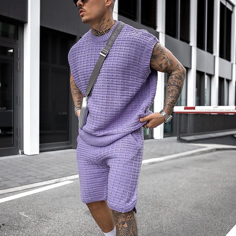 Homens Conjunto de shorts e camiseta Conjunto de T Sem Manga Crewneck Côr Sólida Roupa de Malha Tricotado Férias Roxo Bege Top Tee para Homens de 2025 por $40.99 –P2