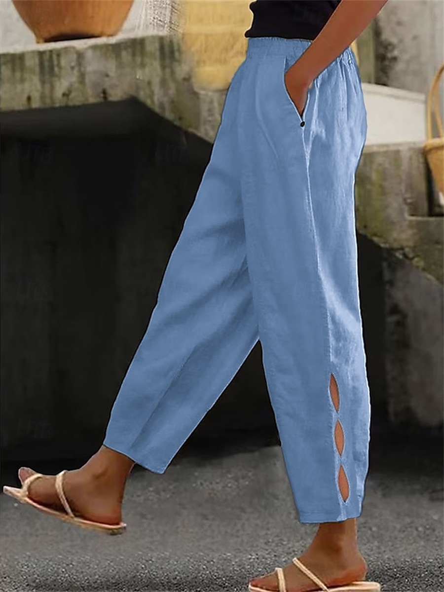 Women's Cotton Linen Pants Chinos Fashion Streetwear Ankle-Length High Waist Plain Pocket Elastic Waistband Comfy Soft Comfortable Micro-elastic Outdoor Street dark brown Deep Green Wine Robin's Egg 2025 - $21.99 –P1