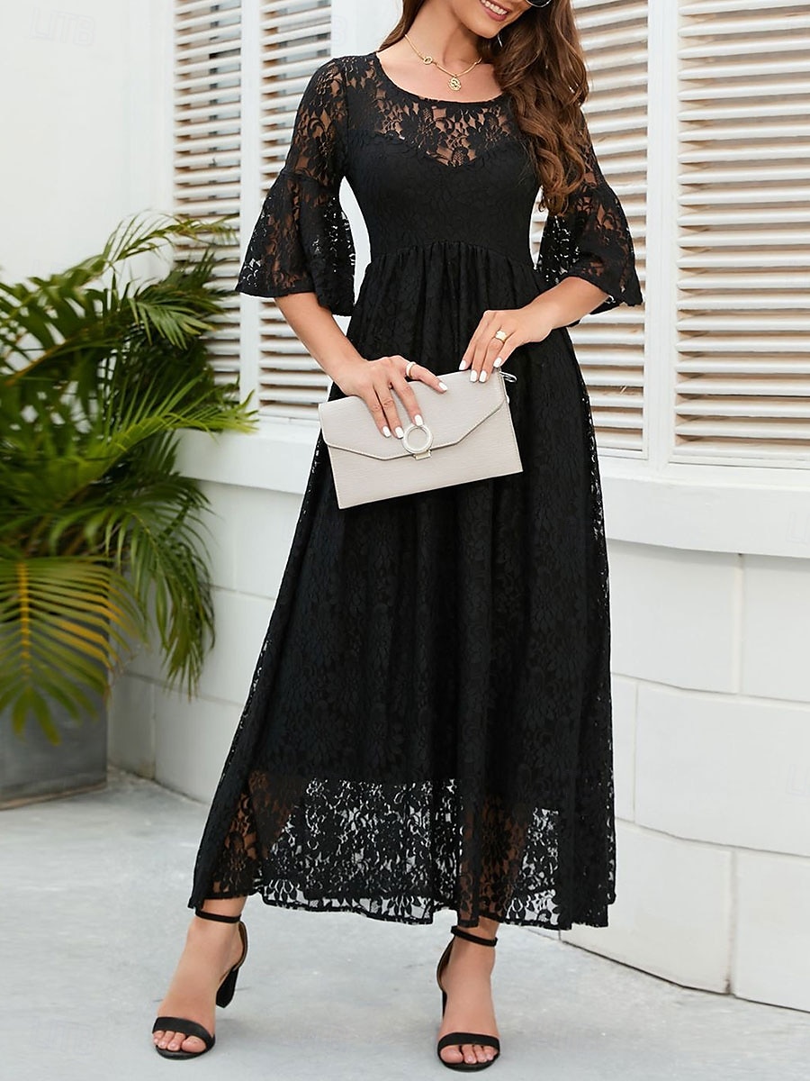 Damskie Sukienka midi Koronkowa sukienka Sukienka maxi Sukienka A line Elegancja Elegancki Codzienny Rozkloszowany rękaw Urlop Impreza Codzienny Regularny Równina Krótki rękaw Półgolf Czarny Wino 2025 - $46.99 –P10