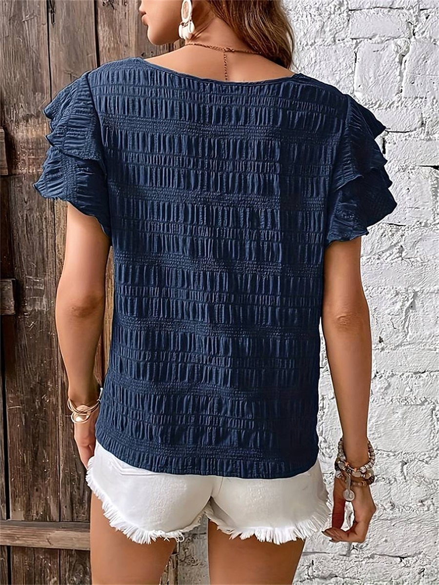 Women's Blouse Solid Color Elegant Daily Stylish Short Sleeve Crew Neck Regular Tops Daily Holiday Going out Ruffle Patchwork Sage Green Red Navy Blue Purple Green Summer Spring 2025 - $22.99 –P5
