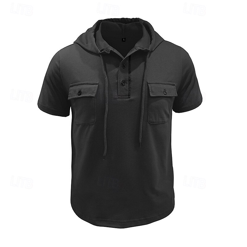 Men's T Shirt Henley Shirt Tee Short Sleeve Shirt Short Sleeve Hooded Henley Summer Spring Color Block Fashion Designer Basic Drawstring Vacation Street Going out Black Khaki Light Grey Top Tee for 2025 - $26.99 –P14