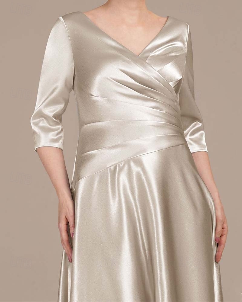 Vestido Mãe da Noiva A-Line Elegante Simples Luxuoso Decote V Gola de Camisa Comprimento Total Cetim Manga Curta com Pregas de 2025 por $146.99 –P2