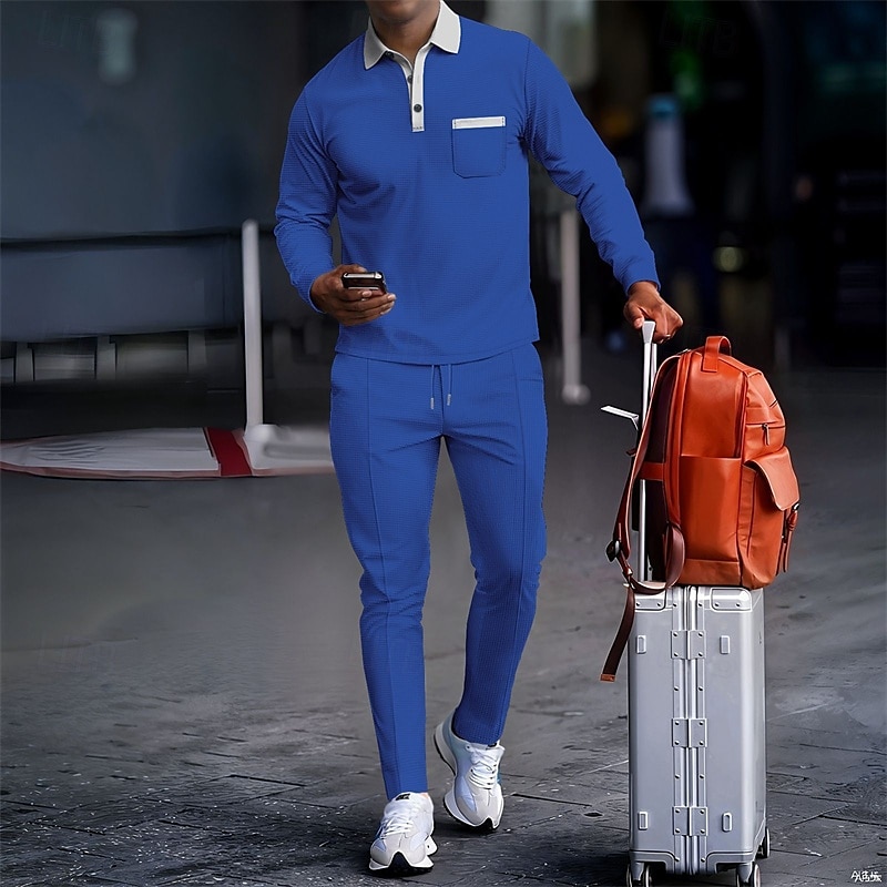 Per uomo Polo a nido d'ape Camicia da golf Golf Ufficio Informale Bavero Manica lunga Essenziale Moderno Color Block Collage Bottoni Primavera Autunno Standard Nero Blu reale Cachi Grigio Polo a nido del 2025 a $37.99 –P8