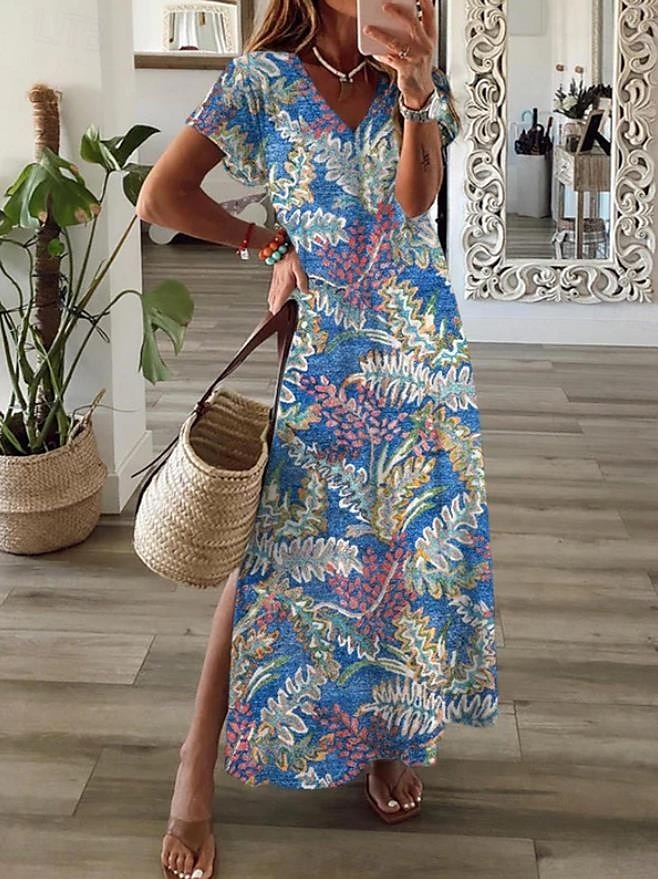 Per donna Abito maxi Abito cachemire Vestito Casual Abito Boho a Maniche Lunghe Abito a trapezio Bohemien Vacanza Vintage Vacanza Quotidiano Vestibilità regolare Floreale Manica Corta Scollo a V blu del 2025 a $28.99 –P1