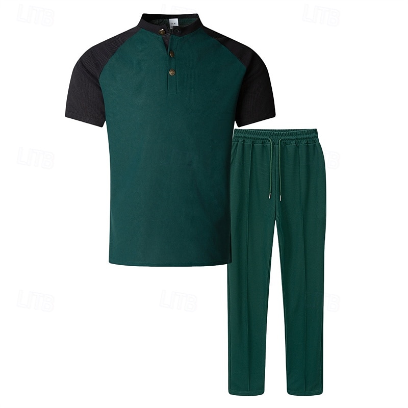 Herren T-Shirt Anzüge T-Shirts und lange Hosen mit Kordelzug 2-teiliges Outfit Kurzarm Henley Sommer Frühling Farbblock Mode Lässig 2 teilig Urlaub Alltagskleidung Ausgehen Wein Grün Khaki Top 2026 - $37.99 –P8