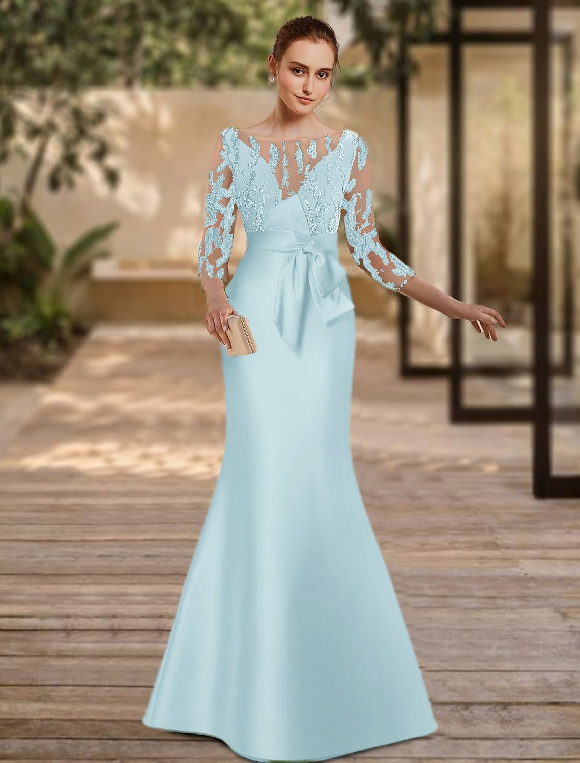 Green Mermaid Evening Gown Elegant Dress Formal Floor Length 3/4 Length Sleeve Illusion Neck Satin with Appliques 2025 - $188.99 –P6