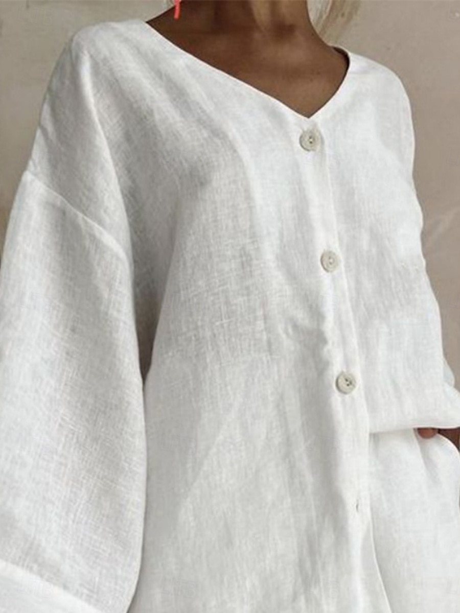 Women's Fashion Streetwear Daily Shirt Linen-Inspired Sets Two Piece Sets Baggy Shorts Long Sleeve V Neck Plain Casual Daily Black White Blue Summer Regular Fit 2025 - $30.99 –P2