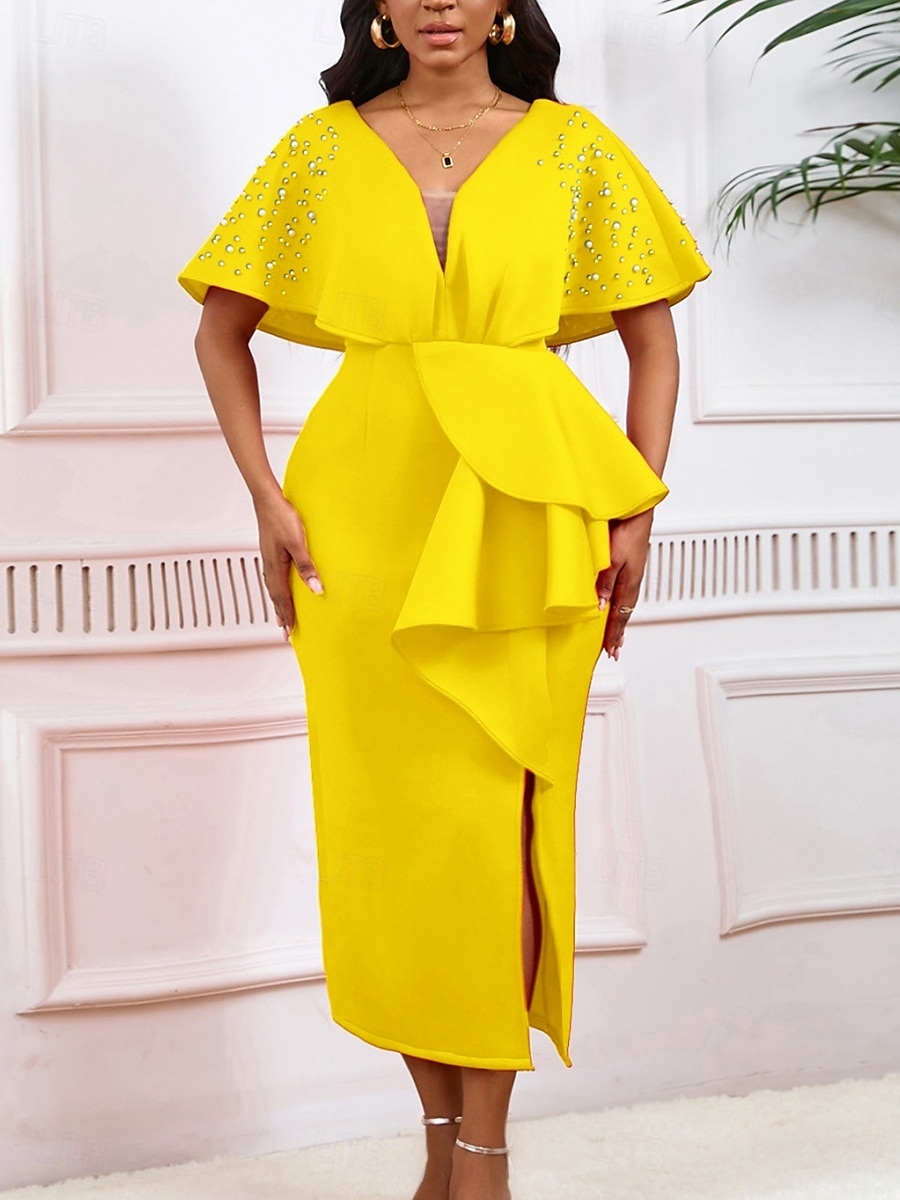 Kentucky Derby Damen Midi Kleid Bodycon Kleid Puffärmel Kleid Elegant Formal Cocktail Formal Party Hochzeitsgast Reguläre Passform Grafisch Kurzarm V-Ausschnitt Schwarz Weiß Gelb Rot Sommer 2025 - $49.99 –P14