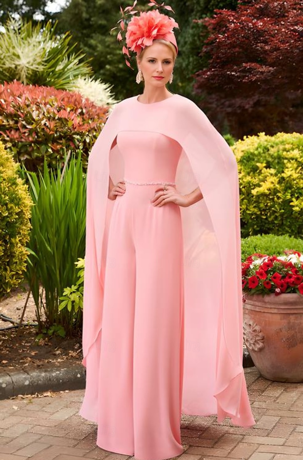 Jumpsuit colonne rose bleu formel mère de la mariée mariage élégant vintage col bijou longueur au sol chiffon extensible manches courtes avec ceinture  ruban robe de jour de course de 2025 ? $146.99 –P1