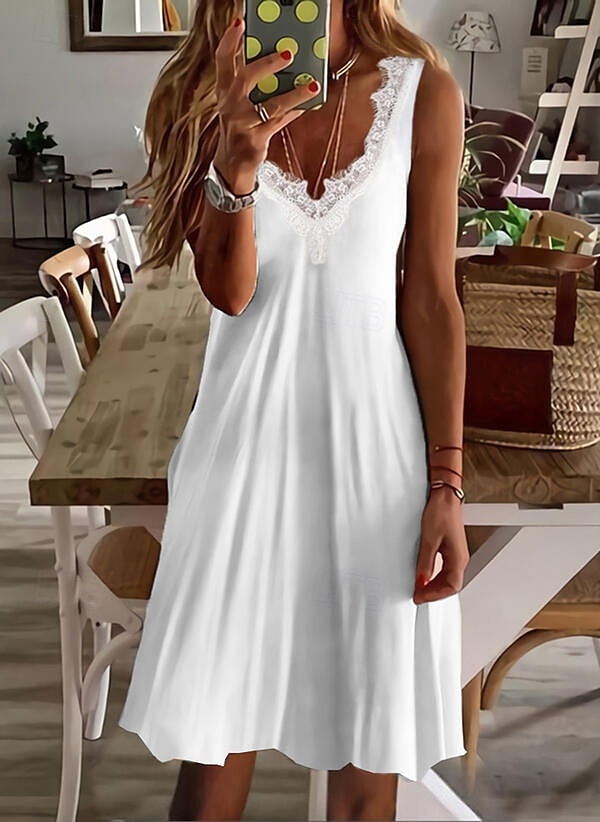 Női EU / USA méret Mini ruha hétköznapi ruha Strandruha Elegáns ruha Elegáns Csehország Szabadság Ujjatlan Vakáció Hétköznapi Tengerpart Előírásos öltözék Tömör szín Falevél Ujjatlan V-alakú Fehér 2025 - $21.99 –P6