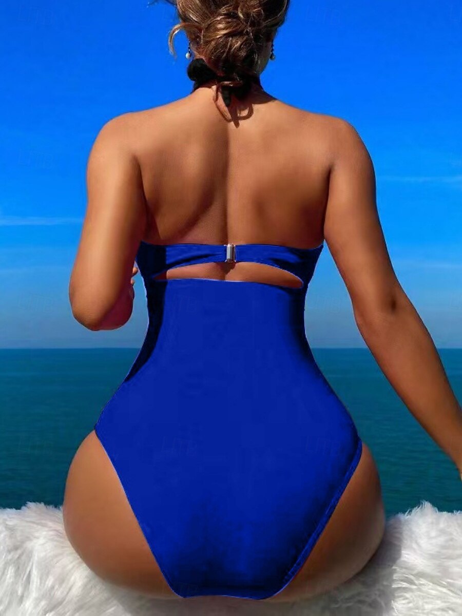 Kvinnors baddräkter en del monokini baddräkter rygglös mage kontroll hög midja smal semester strandkläder enfärgad halterneck ärmlös baddräkt 2025 - $19.99 –P8