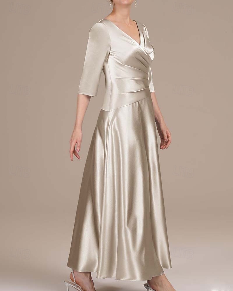 Vestido Mãe da Noiva A-Line Elegante Simples Luxuoso Decote V Gola de Camisa Comprimento Total Cetim Manga Curta com Pregas de 2025 por $146.99 –P4