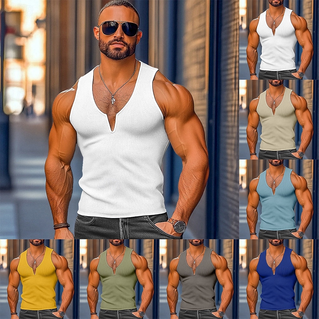 Men's Waffle Tank Top Tank Top Vest Undershirt Sleeveless V Neck Summer Plain Fashion Classic Comfortable Casual Gym Street Yellow Top Tee for Men 2026 - $14.99 –P1