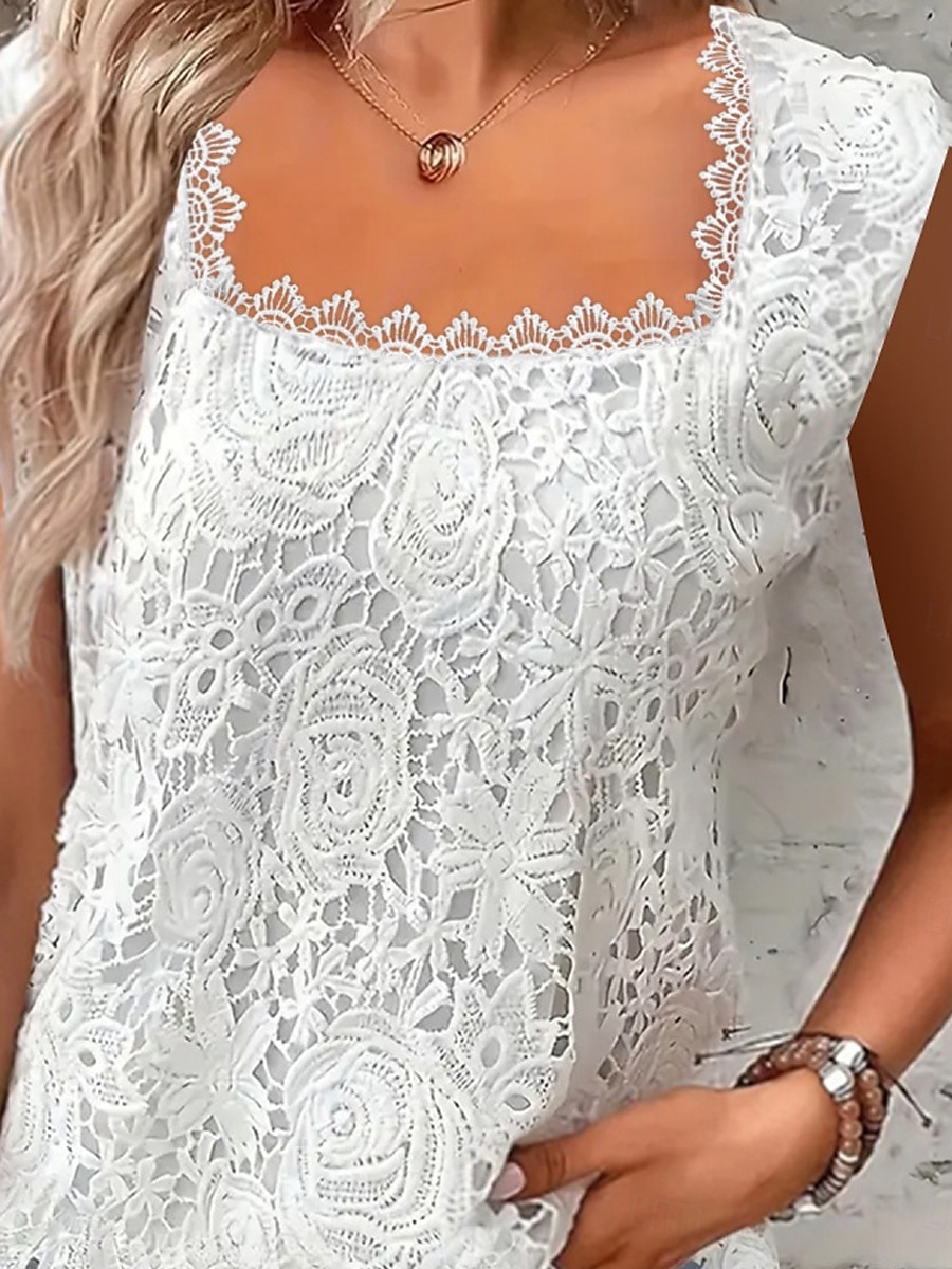 Top de camizola pentru femei solid elegant casual fără mâneci gât pătrat standard zilnic dantelă patchwork negru alb roz roșu albastru vară primăvară 2025 - zł86.99 –P2
