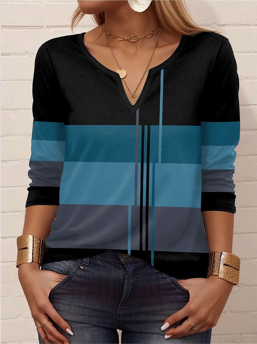 Femme T shirt Géométrique Rayé Décontractées manche longue Col cranté Hauts réguliers du quotidien Imprimer Noir Bleu Violet Vert Eté Printemps Automne de 2025 ? $27.99 –P6