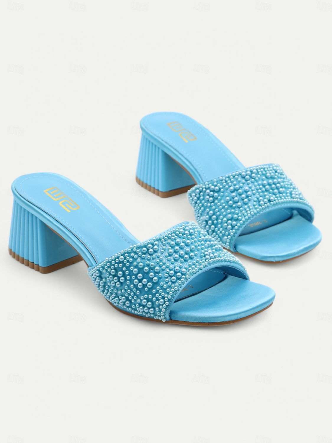 Women's Light Blue Pearl-Embellished Block Heel Mules – Elegant Open-Toe Slip-On Sandals for Summer Parties & Evening Wear 2025 - $42.99 –P2