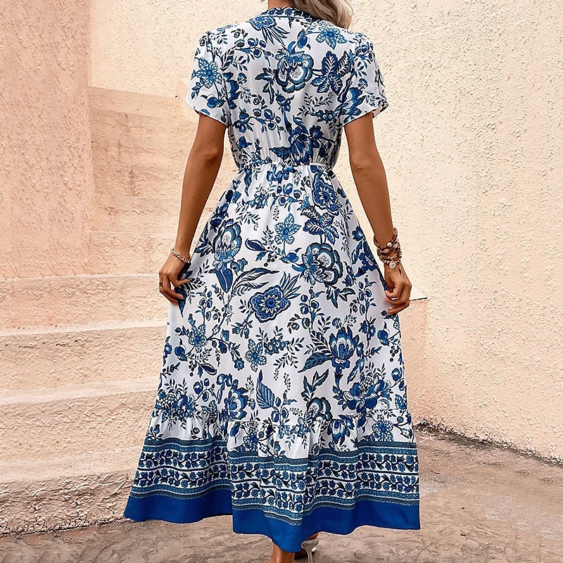 Damskie Sukienka maxi Sukienka A line Sukienka w kwiatki Sukienka Boho Elegancki Codzienny Urlop Codzienny Regularny Kwiaty Krótki rękaw W serek Niebieski Lato Wiosna 2025 - $39.99 –P4