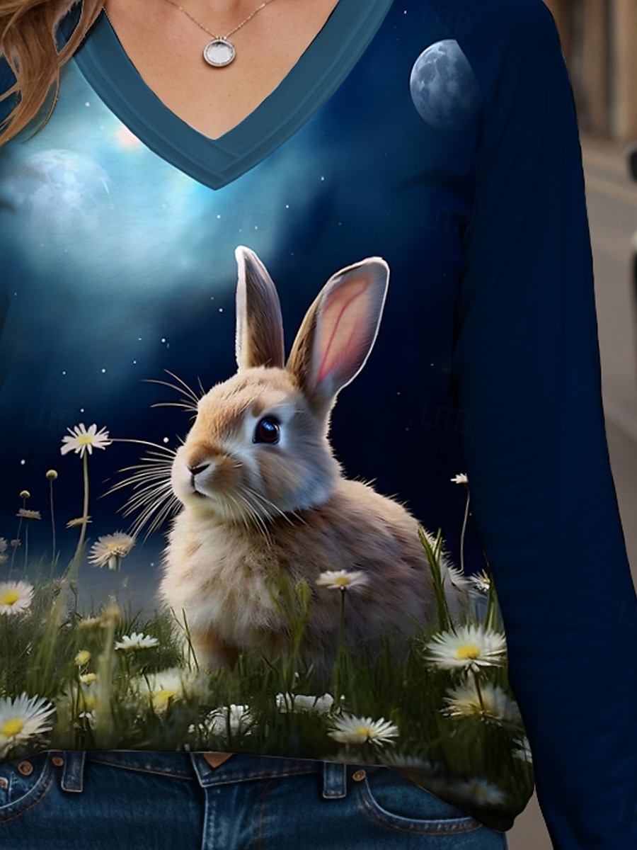 Easter Women's Blouse Ombre Graphic Animal Modern Casual Long Sleeve V Neck Regular Tops Daily Print Blue Summer Spring 2025 - $22.99 –P3