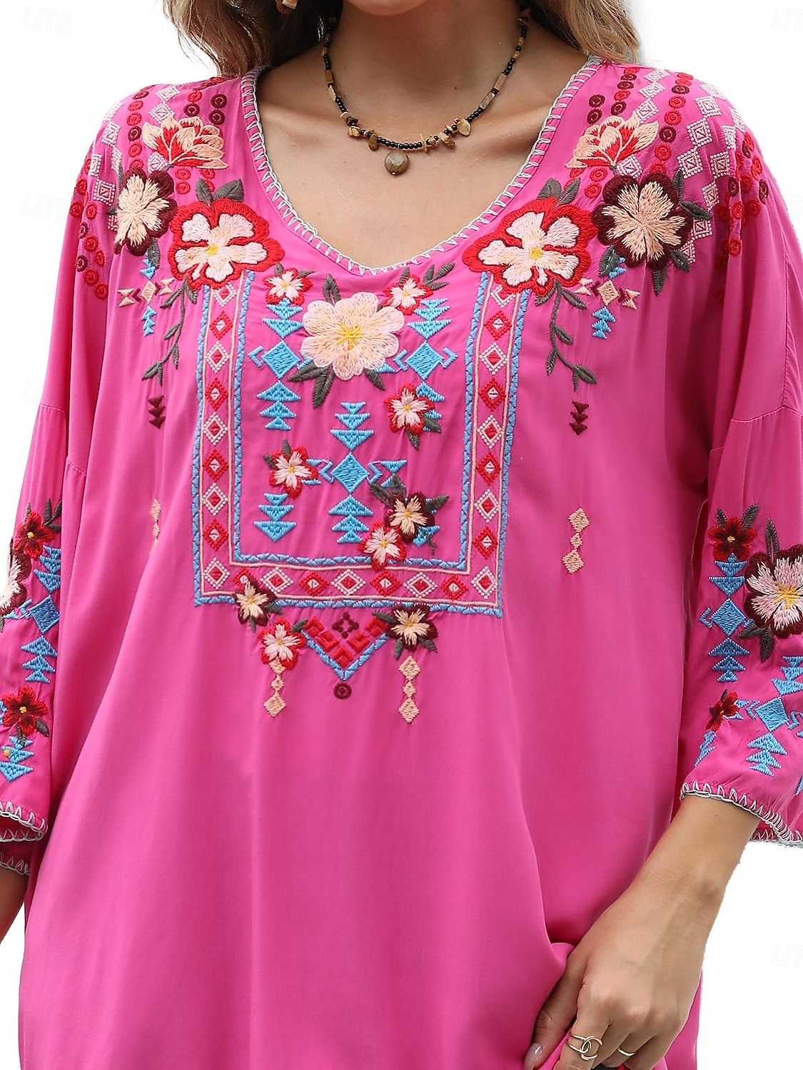Dame Boho skjorte Helfarge Blomstret Bohem Daglig Luksuriøs 3/4 ermer 3/4-ermer Crew-hals Vanlige topper Arbeid Daglig Ut på byen Broderi Svart Gul Rose Rosa Sommer 2025 - $52.99 –P14